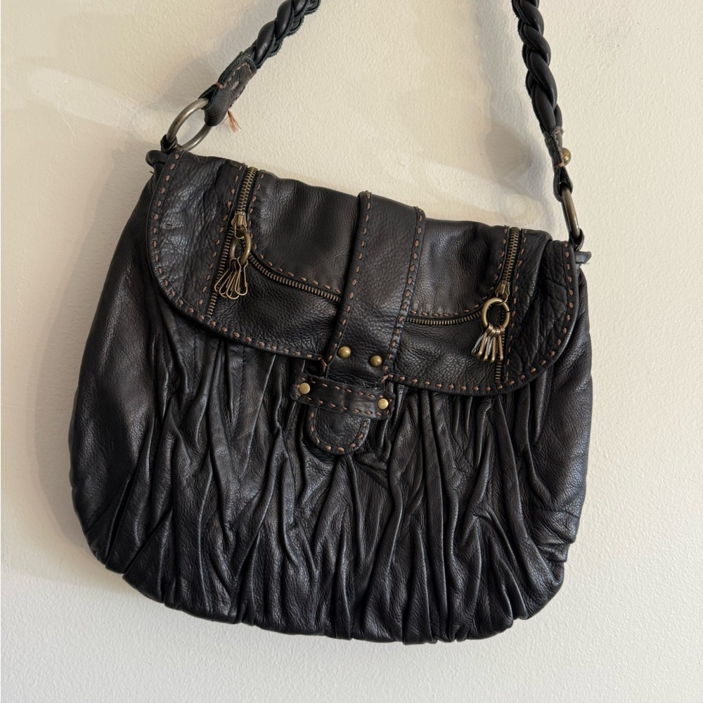 Carla Mancini Black Leather Hobo Bag Studded Boho Tassel Western Hippie Slouchy - Picture 12 of 16